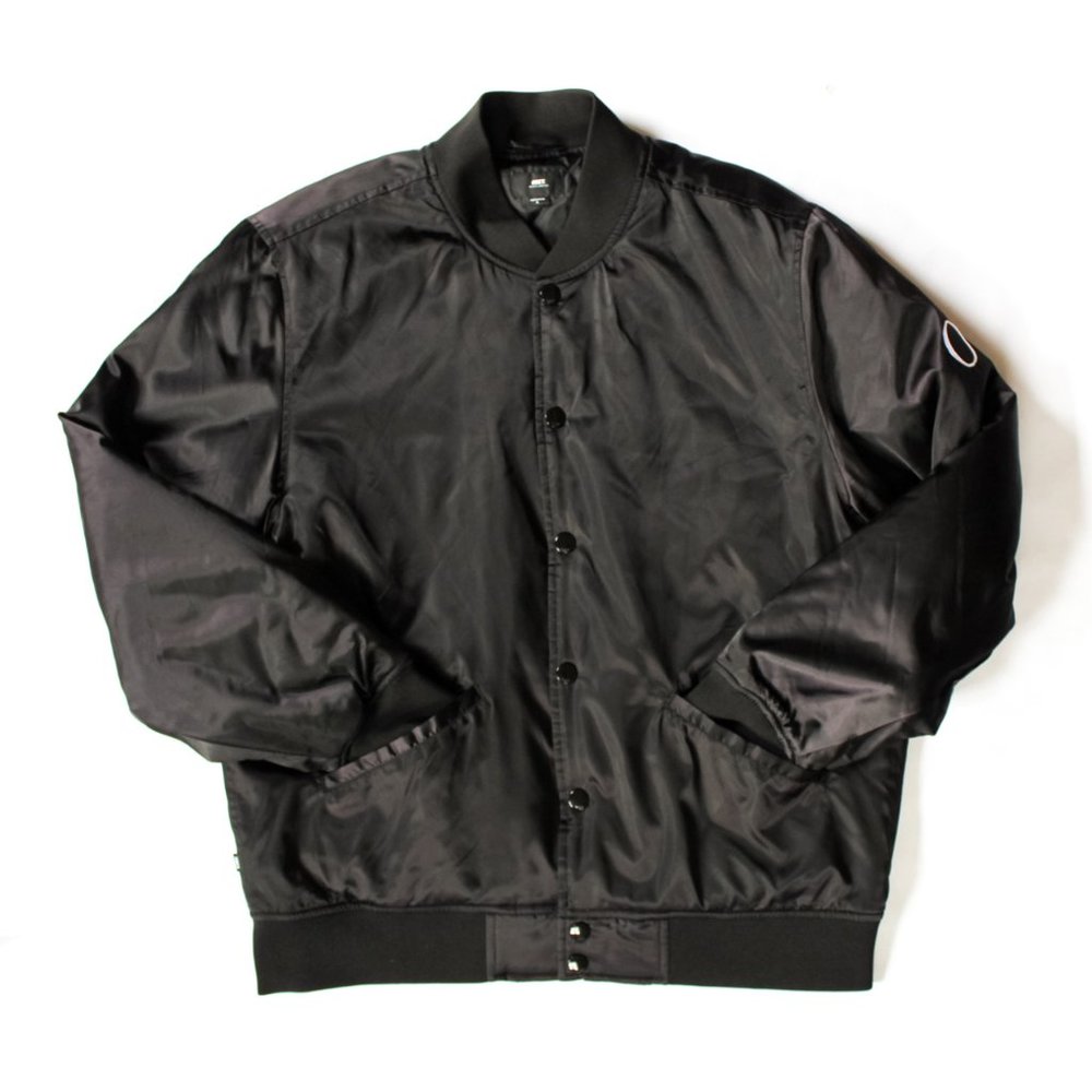 OBEY Men's Large Black Satin Quilted Bomber Jacket with Sleeve Embroidery, NWOT